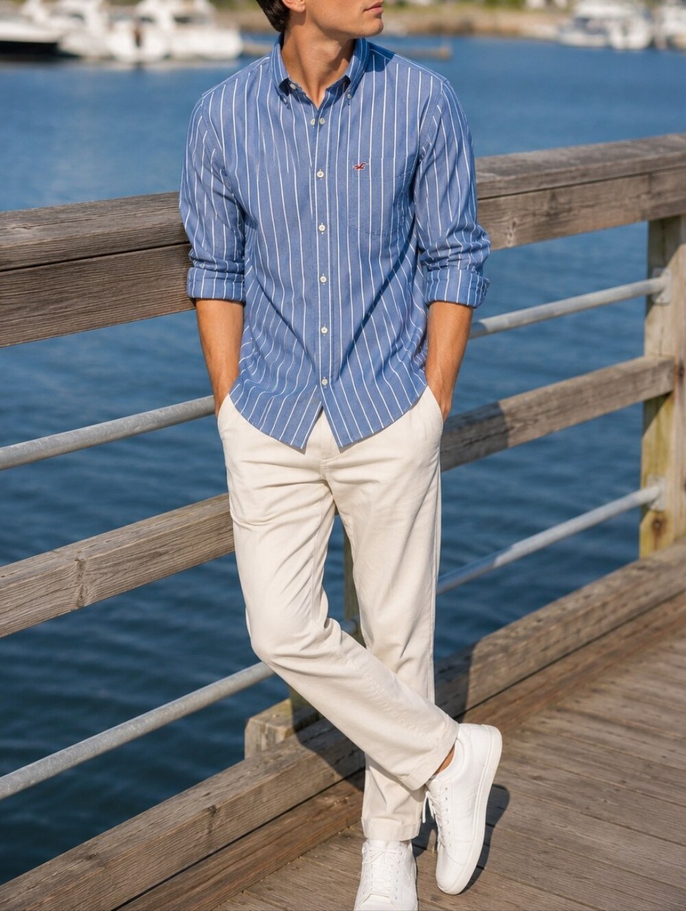 NWT Hollister Men’s Blue White Striped Button-Up Shirt Long Sleeve Preppy